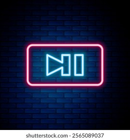 Glowing neon line Pause button icon isolated on brick wall background. Colorful outline concept. Vector