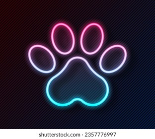 Icono de la impresión de la hoja de neón brillante aislado en el fondo negro. Papas de perro o gato. Pista animal.  Vector