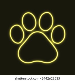 Glowing neon line Paw print icon. Dog or Cat Paw Print. Isolated on dark background. Concept for Healthcare Medicine and Pet Care. Animal Track. Vector Illustration. Pets Symbol, Icon and Badge. 