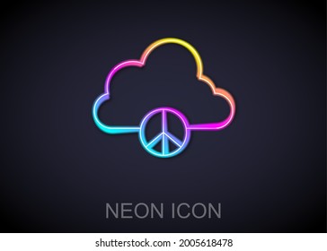 Glowing neon line Peace cloud icon isolated on black background. Hippie symbol of peace. Vector