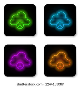 Glowing neon line Peace cloud icon isolated on white background. Hippie symbol of peace. Black square button. Vector