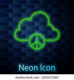 Glowing neon line Peace cloud icon isolated on brick wall background. Hippie symbol of peace.  Vector