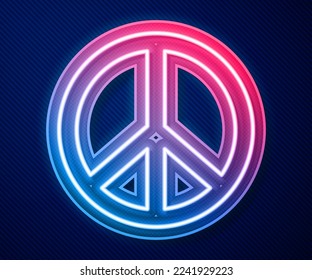 Glowing neon line Peace icon isolated on blue background. Hippie symbol of peace.  Vector