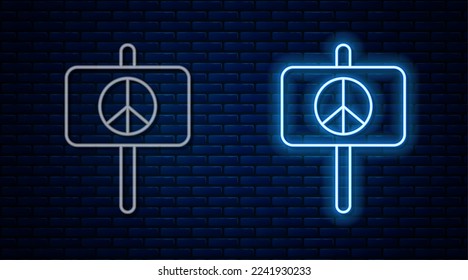 Glowing neon line Peace icon isolated on brick wall background. Hippie symbol of peace.  Vector