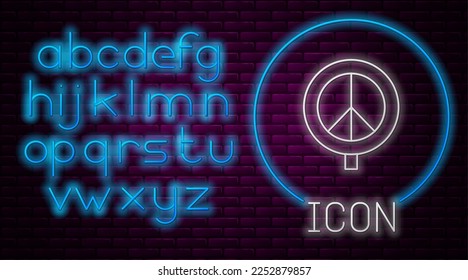 Glowing neon line Peace icon isolated on brick wall background. Hippie symbol of peace. Neon light alphabet. Vector