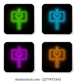 Glowing neon line Peace icon isolated on white background. Hippie symbol of peace. Black square button. Vector