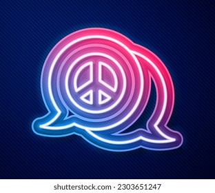 Glowing neon line Peace icon isolated on blue background. Hippie symbol of peace.  Vector