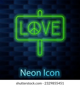 Glowing neon line Peace icon isolated on brick wall background. Hippie symbol of peace.  Vector