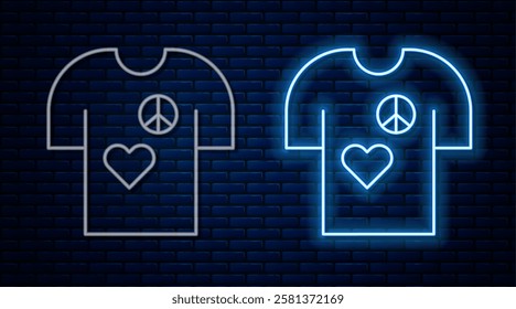 Glowing neon line Peace symbol t-shirt print stamp icon isolated on brick wall background.  Vector