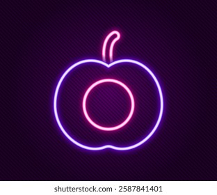 Glowing neon line Peach fruit or nectarine with leaf icon isolated on black background. Colorful outline concept. Vector