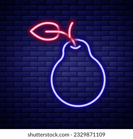 Glowing neon line Pear icon isolated on brick wall background. Fruit with leaf symbol. Colorful outline concept. Vector