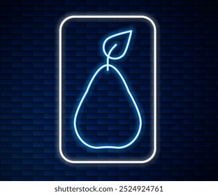 Glowing neon line Pear icon isolated on brick wall background. Fruit with leaf symbol.  Vector