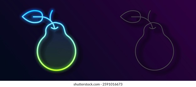 Glowing neon line Pear icon isolated on black background. Fruit with leaf symbol.  Vector