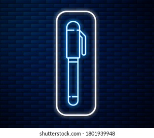 Glowing neon line Pen icon isolated on brick wall background.  Vector Illustration