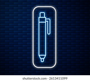 Glowing neon line Pen icon isolated on brick wall background.  Vector