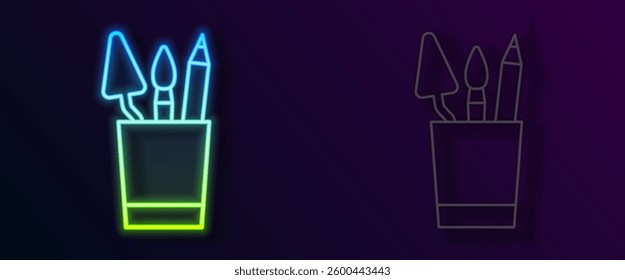Glowing neon line Pencil case stationery icon isolated on black background. Pencil, pen, ruler in a glass for office.  Vector