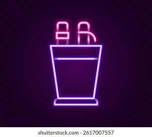 Glowing neon line Pencil case stationery icon isolated on black background. Pencil, pen, ruler in a glass for office. Colorful outline concept. Vector