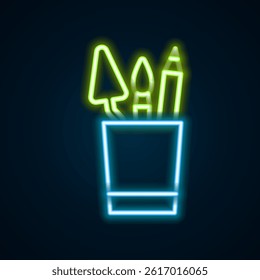 Glowing neon line Pencil case stationery icon isolated on black background. Pencil, pen, ruler in a glass for office. Colorful outline concept. Vector