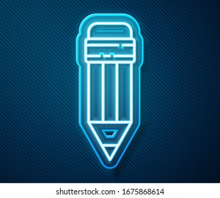 Glowing neon line Pencil with eraser icon isolated on blue background. Drawing and educational tools. School office symbol.  Vector Illustration