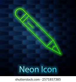 Glowing neon line Pencil with eraser icon isolated on brick wall background. Drawing and educational tools. School office symbol.  Vector