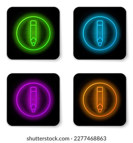 Glowing neon line Pencil icon isolated on white background. Drawing and educational tools. School office symbol. Black square button. Vector
