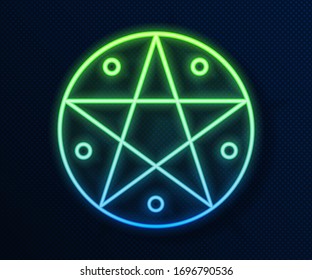 Glowing neon line Pentagram in a circle icon isolated on blue background. Magic occult star symbol.  Vector Illustration