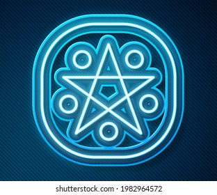 Glowing neon line Pentagram in a circle icon isolated on blue background. Magic occult star symbol.  Vector