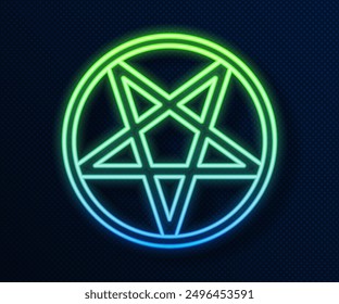 Glowing neon line Pentagram in a circle icon isolated on blue background. Magic occult star symbol.  Vector Illustration