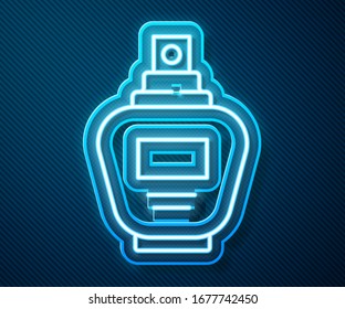 Glowing neon line Perfume icon isolated on blue background.  Vector Illustration