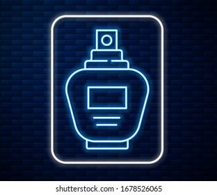 Glowing neon line Perfume icon isolated on brick wall background.  Vector Illustration