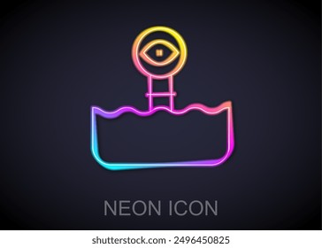 Glowing neon line Periscope in the waves above the water icon isolated on black background.  Vector