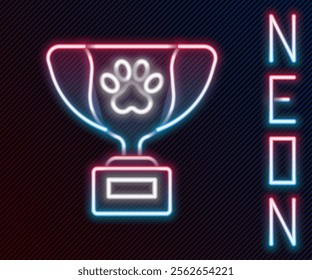 Glowing neon line Pet award symbol icon isolated on black background. Medal with dog footprint as pets exhibition winner concept. Colorful outline concept. Vector