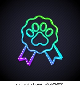 Glowing neon line Pet award symbol icon isolated on black background. Badge with dog or cat paw print and ribbons. Medal for animal.  Vector