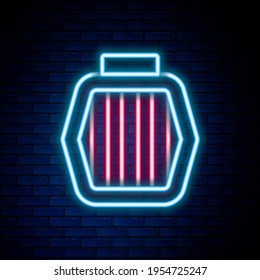 Glowing neon line Pet carry case icon isolated on brick wall background. Carrier for animals, dog and cat. Container for animals. Animal transport box. Colorful outline concept. Vector
