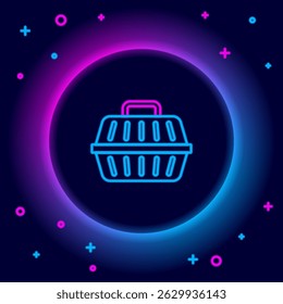 Glowing neon line Pet carry case icon isolated on black background. Carrier for animals, dog and cat. Container for animals. Animal transport box. Colorful outline concept. Vector