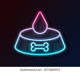 Glowing neon line Pet food bowl for cat or dog icon isolated on black background. Dog or cat paw print.  Vector