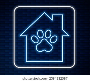 Glowing neon line Pet house icon isolated on brick wall background.  Vector