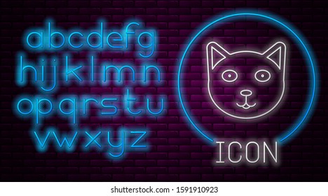Glowing neon line Pet icon isolated on brick wall background. Neon light alphabet. Vector Illustration