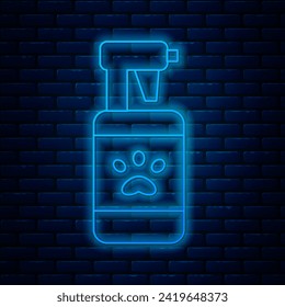 Glowing neon line Pet shampoo icon isolated on brick wall background. Pets care sign. Dog cleaning symbol.  Vector