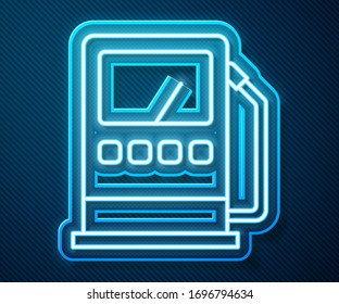 Glowing neon line Petrol or gas station icon isolated on blue background. Car fuel symbol. Gasoline pump.  Vector Illustration