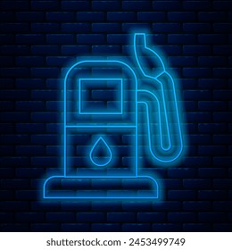 Glowing neon line Petrol or gas station icon isolated on brick wall background. Car fuel symbol. Gasoline pump.  Vector