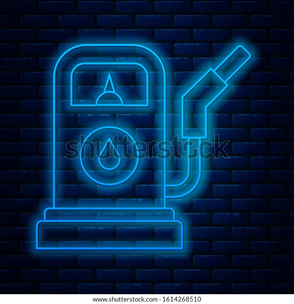 Glowing neon line Petrol or Gas station icon\
isolated on brick wall background. Car fuel symbol. Gasoline pump. \
Vector Illustration