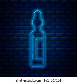 Glowing neon line Pets vial medical icon isolated on brick wall background. Prescription medicine for animal.  Vector Illustration