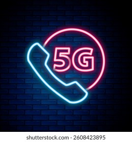 Glowing neon line Phone with 5G new wireless internet wifi icon isolated on brick wall background. Global network high speed connection data rate technology. Colorful outline concept. Vector