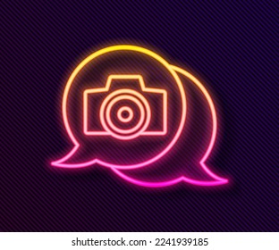 Glowing neon line Photo camera icon isolated on black background. Foto camera. Digital photography.  Vector