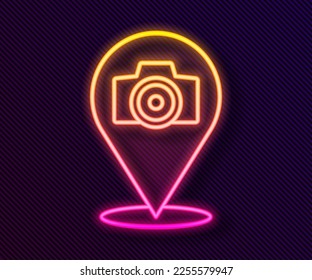 Glowing neon line Photo camera icon isolated on black background. Foto camera. Digital photography.  Vector