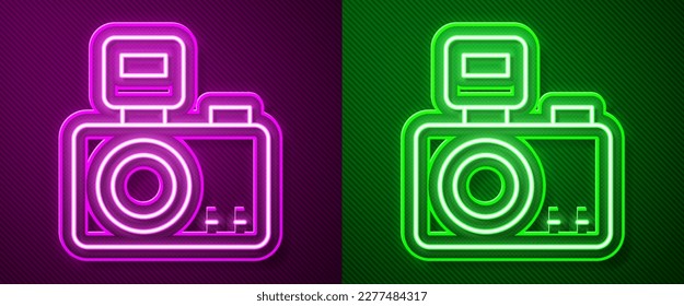 Glowing neon line Photo camera with lighting flash icon isolated on purple and green background. Foto camera. Digital photography.  Vector