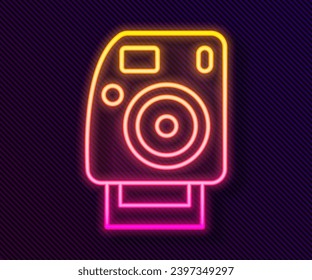 Glowing neon line Photo camera icon isolated on black background. Foto camera. Digital photography.  Vector