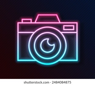 Glowing neon line Photo camera icon isolated on black background. Foto camera icon.  Vector Illustration