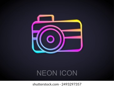 Glowing neon line Photo camera for diver icon isolated on black background. Foto camera icon. Diving underwater equipment.  Vector